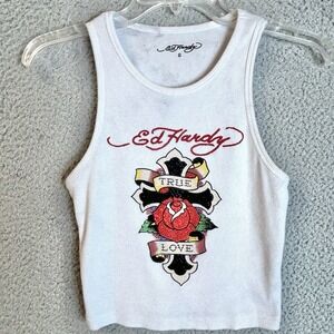 Ed Hardy Womens Ribbed Y2K Crop Baby Tank Top Size S Sequin Graphic Grunge Edgy